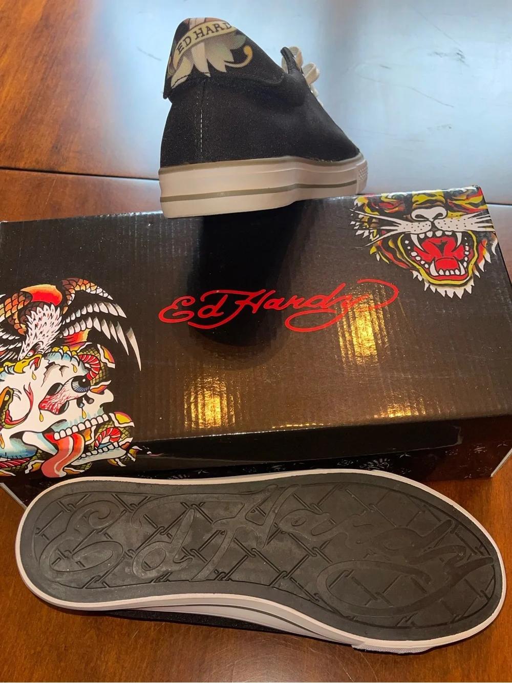 Ed Hardy Black Sneakers with Red and White Skull Graphic